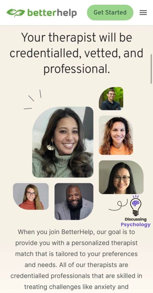 Screenshot of BetterHelp website matching with your therapist information.