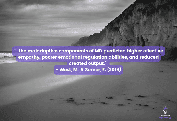 Waves crashing on a dark beach with text overlay quote from West & Somer 2019 study saying "...The maladaptive components of MD predicted higher affective empathy, poorer emotional regulation abilities, and reduced creative output."