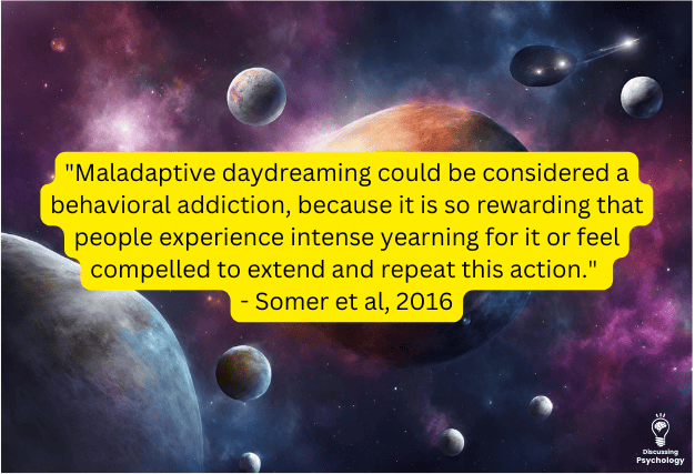 Starry dark space background with quote "MD could be considered a behavioral addiction, because it is so rewarding that people experience intense yearning for it or feel compelled to extend and repeat this action. - (Somer et al., 2016b)"