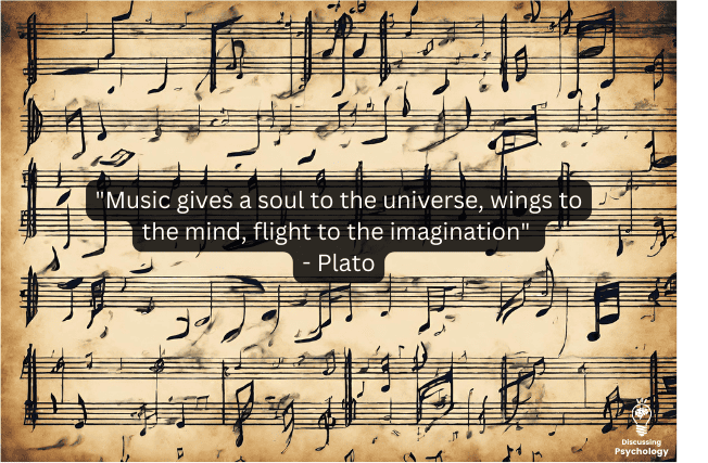 Image of a page of music notes with text overlay saying "Music gives a soul to the universe, wings to the mind, flight to the imagination" - Plato